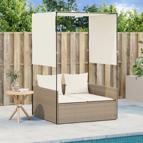 Lettino prendisole con tetto e tende beige in polyrattan