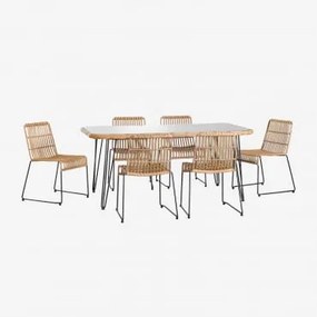 Set Tavolo Rettangolare In Vimini Sintetico (180x90 Cm) Leribert E 6 Sedie Da Pranzo In Rattan Sintetico Aroa Natural - Sklum