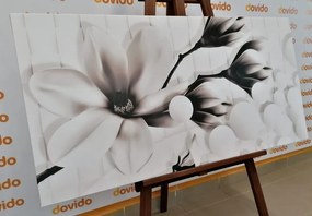 Quadro su tela – Magnolia in bianco e nero con elementi astratti