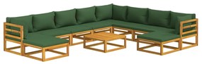 Set salotto da giardino 11pz con cuscini verdi legno massello