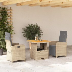 Set da pranzo da giardino 3 pz con cuscini beige in polyrattan