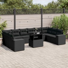 Set divani da giardino 11 pz con cuscini in polyrattan nero