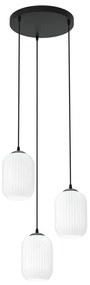 Lampadario 3 Luci Selene Base Tonda In Acciaio Nero E Vetri Plissettati Bianchi