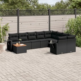 Set divani da giardino 10pz con cuscini in polyrattan nero