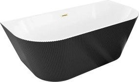 Mexen Oris vasca da bagno freestanding accostata ondulata 170 x 80 cm, bianca/nera, troppopieno oro spazzolato - 52871708075-55
