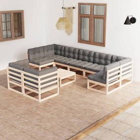 Set Salotto Giardino 10pz Cuscini Antracite Legno Massello Pino