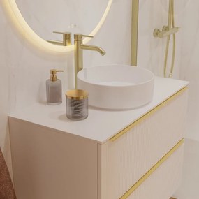 Mobile bagno sospeso Neo Groove L 91 x H 68 x P 49 cm, 2 cassetti con maniglia champagne, top e lavabo da appoggio Studio in ceramica bianco opaco inclusi, lino cannettato