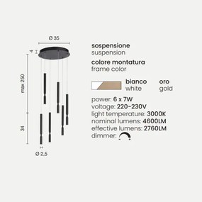 Lampada a sospensione LED a 6 Luci in metallo verniciato 35 cm Bianco e Oro TUBIC