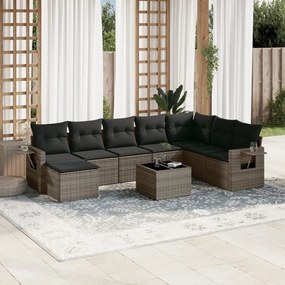 Set divano da giardino 9 pz con cuscini grigio in polyrattan