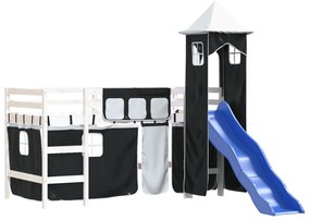 Letto a soppalco con torre bambini bianco e nero 90x190cm pino