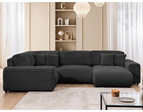 Divano angolare grigio scuro (con penisola a sinistra/a U) rivestito in velluto a coste Justin – Ropez