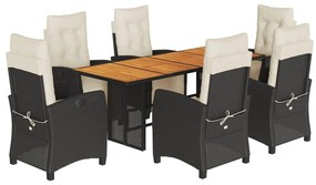 Set da pranzo da giardino 7 pz nero con cuscini in polyrattan