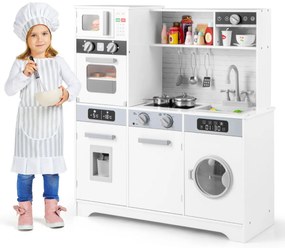 Costway Set di giocattoli in legno con lavello rubinetto dispenser d'acqua microonde, Cucina da gioco per bambini 3+ anni Bianco