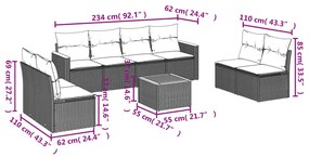 Set divani da giardino 9 pz con cuscini nero in polyrattan