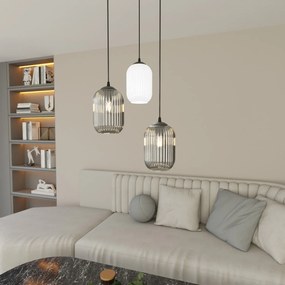 Lampadario 3 Luci Selene Base Tonda Acciaio Nero Vetri Plissettati Bianco E Fumè