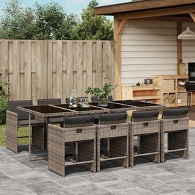 Set da pranzo da giardino 9 pz con cuscini in polyrattan grigio