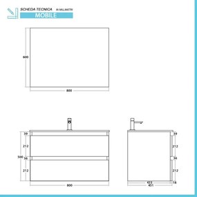 Mobile bagno sospeso 80 cm ossido e rovere con cassetti soft-close Kleo