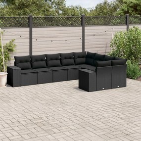 Set divani da giardino 9 pz con cuscini nero in polyrattan