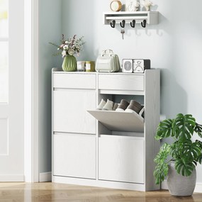 Scarpiera Slim 98x19,2x95,3 cm con 4 Ante a Ribalta e 2 Cassetti in Legno Bianco...