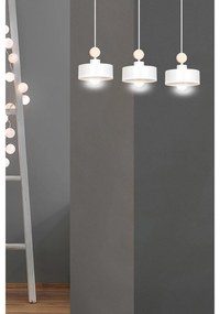 Lampadario 3 Luci Zhurong In Acciaio Bianco E Paralumi Con Legno Naturale
