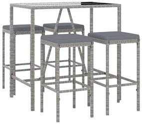 Set Bar da Giardino 5 pz con Cuscini in Polyrattan Grigio