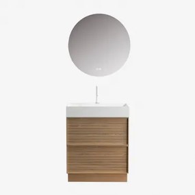 Set Mobili Da Bagno In Legno Jolene Con Lavabo Integrato Legno Naturale & Tondo Led E Antifog (ø70 Cm) Solyn & Bianco ↑20 Cm Con - Sklum