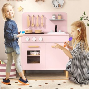 Costway Set da cucina per bambini in legno con luci e accessori da cucina, Gioco educativo con spazio di archiviazione 3 Colori