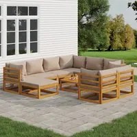 Set Salotto da Giardino 10pz con Cuscini Tortora Legno Massello 3155261