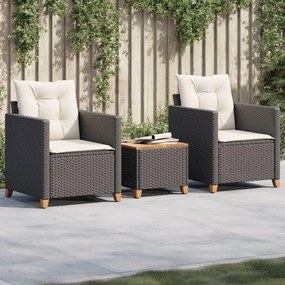 Set Da Bistrò 3 Pz Con Cuscini Nero Polyrattan E Legno Acacia /