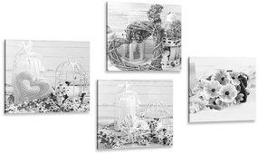 Set di quadri – Lanterne in bianco e nero con bouquet