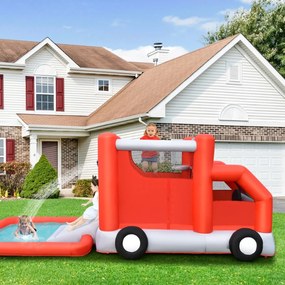 Costway Scivolo d'acqua per bambini a tema camion dei pompieri con piscina, Castello gonfiabile con pallone da basket