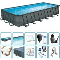 Piscina Fuori Terra Elite Metal Frame Rattan Rettangolare 7,32 X 3,66 X H.1,32 M - Kit Pro