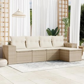 Set Divano da Giardino 5 pz con Cuscini Beige in Polyrattan