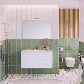 Composizione Eva 100 cm bianco con due cassetti, lavabo in ceramica, specchiera e lampada LED