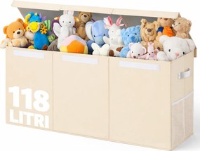 Box Contenitore per Giocattoli 91,5x32x40,5 cm Pieghevole 3 Scomparti 118L in TNT Beige...