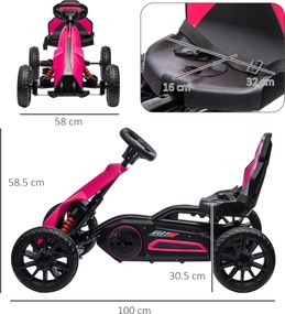 Go Kart a Pedali per Bambini 3-8 Anni 100x58x58,5 cm con Sedile Regolabile e Ruote in EVA Rosa e Nero...