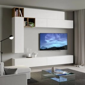 Parete soggiorno A106 L.208 P.39,5 Bianco e Quercia