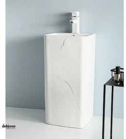 Lavabo Freestanding "Marmoareado" Da 42x41 Cm Con Scarico a Parete Finitura Bianco Opaco Effetto Marmo