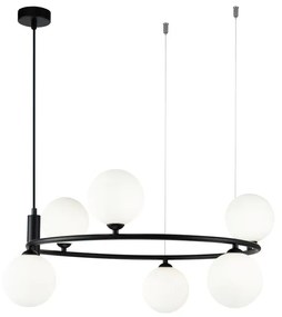 Lampadario Contemporaneo Ring Metallo Nero 6 Luci E Diffusori Bianchi