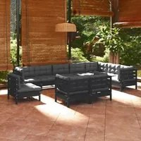 Set Divani da Giardino 10 pz con Cuscini Neri Massello di Pino 3096783