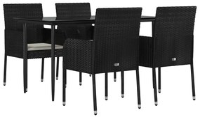 Set da pranzo da giardino 5 pz nero con cuscini in polyrattan