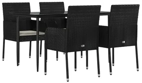Set da pranzo da giardino 5 pz nero con cuscini in polyrattan