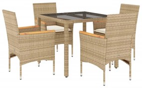 Set da pranzo da giardino 5 pz con cuscini polyrattan e vetro