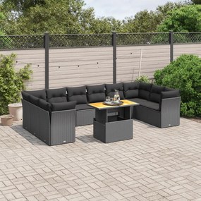 Set divani da giardino 11 pz con cuscini in polyrattan nero