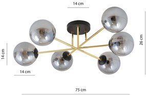 Plafoniera Moderna Magnium 6 Luci In Acciao Oro E Sfere In Vetro Fumè
