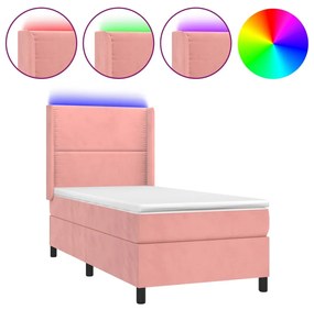 Letto a molle con materasso e led rosa 100x200 cm in velluto