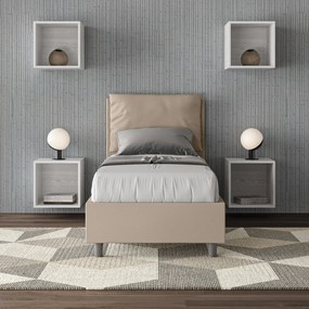Letto singolo imbottito similpelle Antea senza rete, con rete e contenitore, Tortora / Senza Rete