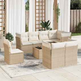 Set Divano da Giardino 9 pz con Cuscini Beige in Polyrattan