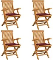 Sedie Giardino con Cuscini Rosso Vino 4 pz Legno Massello Teak 3065626