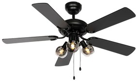 Ventilatore da soffitto nero con legno e interruttore a tirare 3 luci - Mistral Vidro